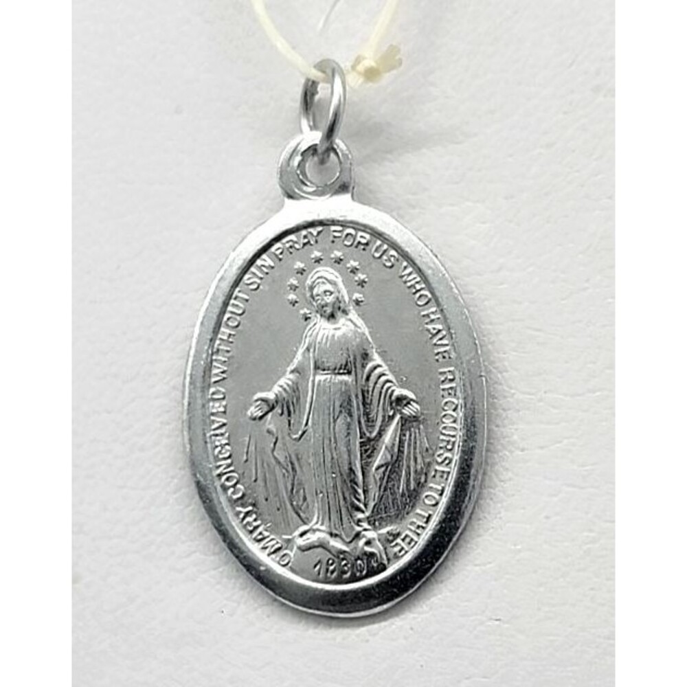 Catholic Miraculous Mary Medal Silver Tone Italy Religious Oval Pendant Vintage